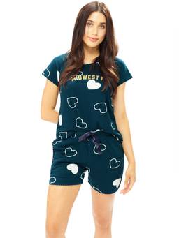 LOTIK - Women Teal Cotton T-shirt with Shorts