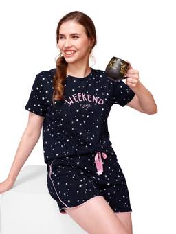 LOTIK - Women Blue Cotton T-shirt with Shorts