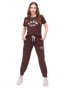 LOTIK - Women Brown Lycra T-Shirt with Joggers