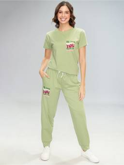 LOTIK - Women Green Lycra T-Shirt with Joggers