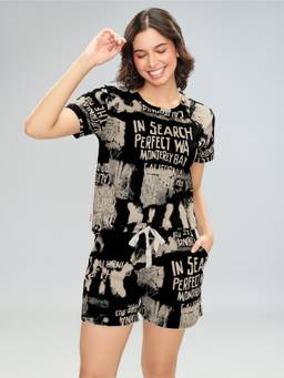 LOTIK - Women Black Cotton T-shirt with Shorts