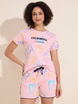 LOTIK - Women Pink Cotton T-shirt with Shorts