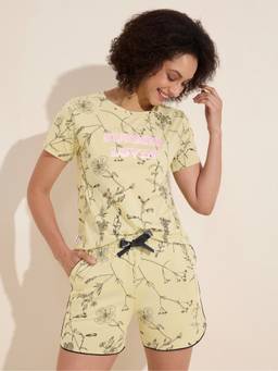 LOTIK - Women Yellow Cotton T-shirt with Shorts
