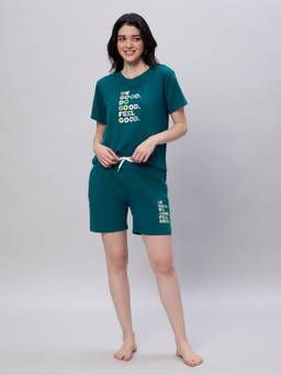 LOTIK - Women Teal Cotton T-shirt with Shorts