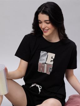 LOTIK - Women Black Cotton T-shirt with Shorts