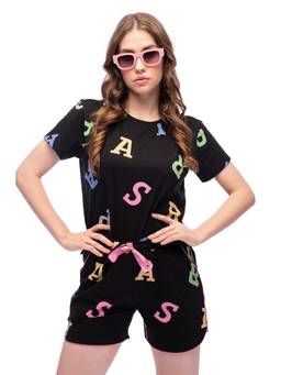 LOTIK - Women Black Cotton T-shirt with Shorts