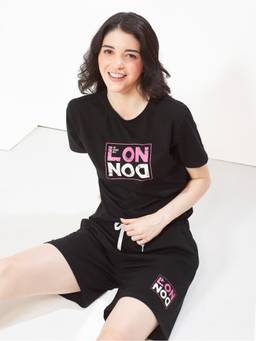 LOTIK - Women Black Cotton T-shirt with Shorts