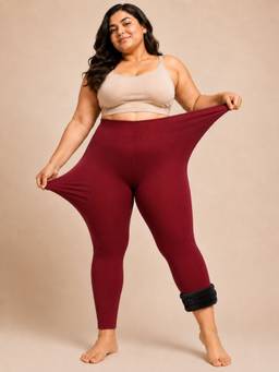 Secrets By ZeroKaata - Maroon Women Solid High Waist Winter Fur Ankle Length Thermal Bottoms