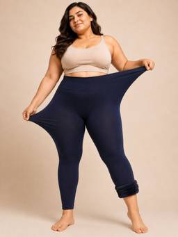 Secrets By ZeroKaata - Navy Blue Women Solid High Waist Winter Fur Ankle Length Thermal Bottoms