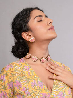 WHE - Pink Bloom Lotus Repurposed Fabric And Wood Earrings