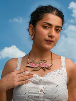 WHE - Pink Bloom Repurposed Fabric And Wood Leaf Earrings