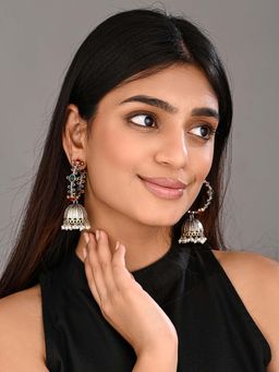 Anvik - Multi-Color Silver-Tone Brass Stone-Studded Jhumka Earrings