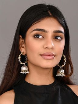 Anvik - White Silver-Tone Brass Stone-Studded Jhumka Earrings