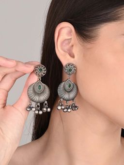 Anvik - Green Silver Oxidised Finish Carved Drop Earring