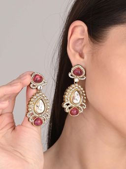 Anvik - Pink Gold Plated Kundan Pear Shaped Drop Earrings