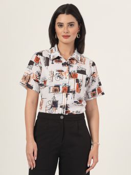 Style Quotient - Women Off White Print Half Sleeves Shirt