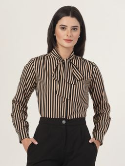 Style Quotient - Women Beige Stripes Front Tie-Up Shirt