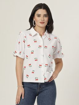 Style Quotient - Women White Cherry Print Casual Shirt