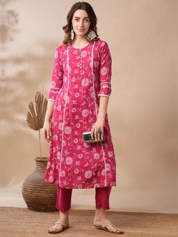 Globus - Pink Floral Printed Lace Inserts Panelled A-Line Workwear Kurta and Pants (Set of 2)