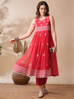 Globus - Women Red Floral Embroidered Pleated High-Slit Pom Pom Hem A-Line Kurta & Pants Festive Set