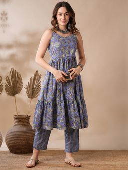 Globus - Purple Strappy Shoulder Mix & Match Floral Print Tiered Fusion Kurta & Pants (Set of 2)