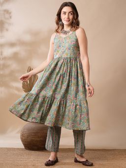Globus - Green Strappy Shoulder Mix & Match Floral Print Tiered Fusion Kurta & Pants (Set of 2)
