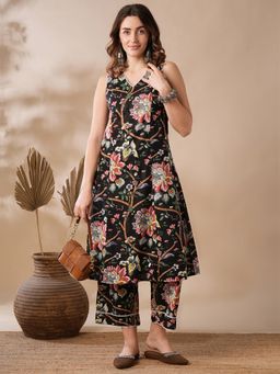 Globus - Black Lace Insert V-Neck Vibrant Floral Print A-Line Festive Kurta and Pants (Set of 2)