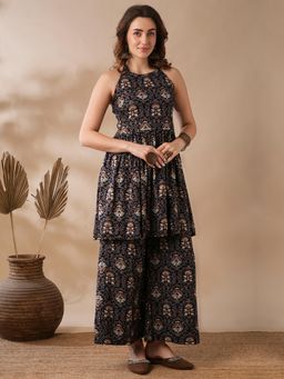 Globus - Blue Halter Neck Indian Block Print Peplum Tunic and Palazzos Fusion Co-Ord (Set of 2)
