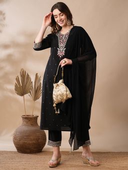 Globus - Black Floral Embroidered Straight Festive Kurta with Pants & Dupatta (Set of 3)