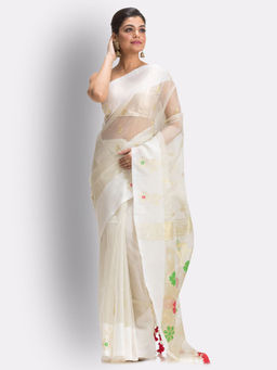 Angoshobha - Off White Art Silk Muslin Handloom Jamdani Saree with Unstitched Blouse