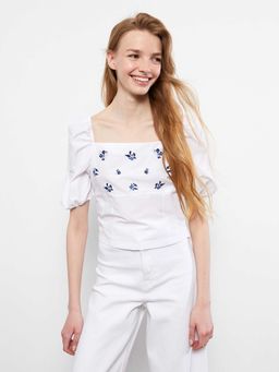 LC WAIKIKI - Women Square Neck Embroidered Poplin White Top