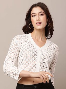NOBARR - Women Polyester V-Neck Three Fourth Sleeve White Crochet Cardigan