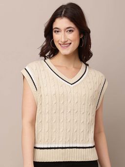 NOBARR - Women Acrylic V-Neck Sleeveless Cable-Knit Beige Sweater Vest