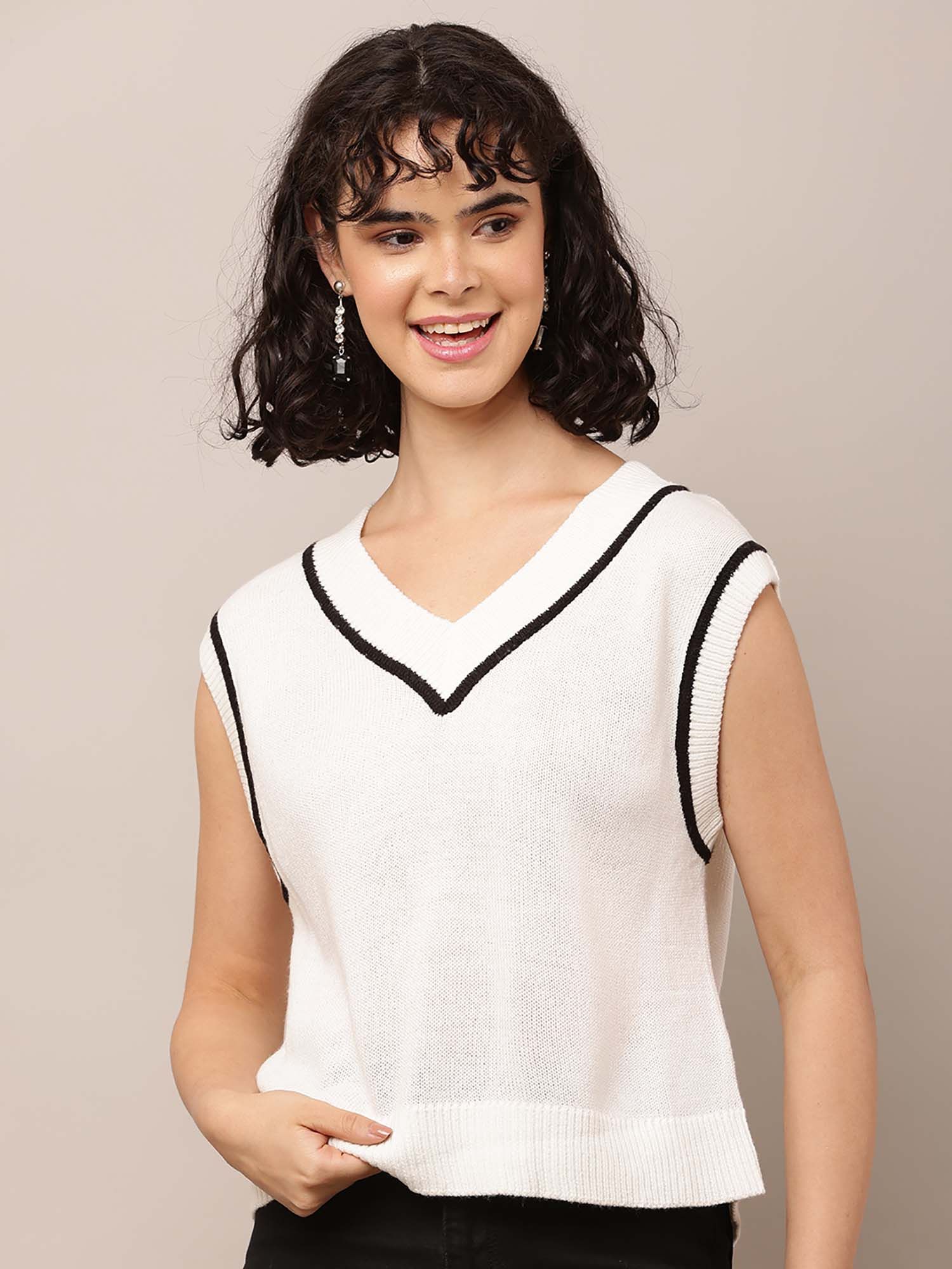 nobarr Women Cotton V-Neck Sleeveless White Sweater Vest-picture-32