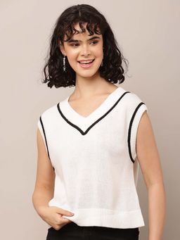 NOBARR - Women Cotton V-Neck Sleeveless White Sweater Vest