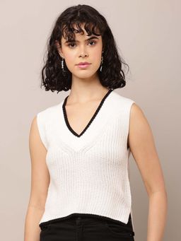 NOBARR - Women Acrylic Sleeveless V-Neck White Sweater Vest