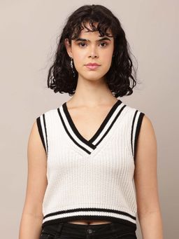 NOBARR - Women Acrylic Sleeveless V-Neck White Sweater Vest