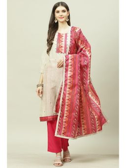 Biba - White Cotton Unstitched Suit (Set of 3)