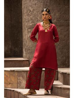 Juniper - Maroon Solid Satin Kurta with Floral Palazzo (Set of 2)