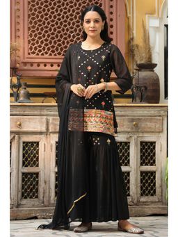 Juniper - Black Georgette Kurti and Sharara with Dupatta (Set of 3)