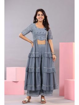 Juniper - Grey Embroidered Georgette Top and Palazzo (Set of 2)