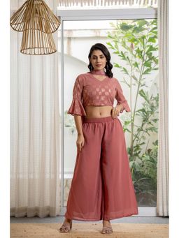 Juniper - Peach Georgette Sequins Crop Top and Palazzo with Dupatta (Set of 3)