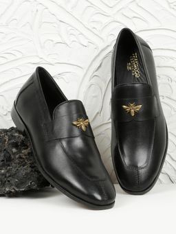 Teakwood - Men Black Leather Loafers with Embellished Bee Detail