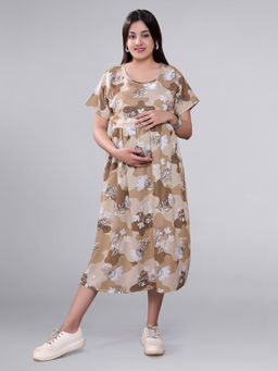 Mamma's Maternity - Beige Rayon Floral Maternity Short Dress