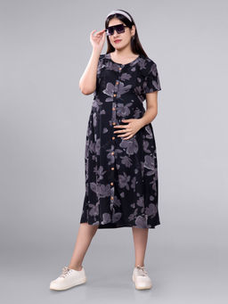 Mamma's Maternity - Black Rayon Floral Maternity Short Dress
