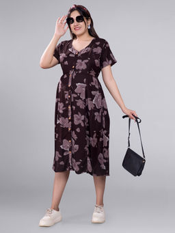 Mamma's Maternity - Brown Rayon Floral Maternity Short Dress