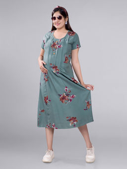 Mamma's Maternity - Green Rayon Floral Maternity Short Dress
