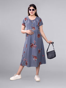 Mamma's Maternity - Grey Rayon Floral Maternity Short Dress