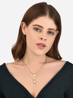 Lilly & Sparkle - Gold Toned 2 Layered Heart Necklace & Crystal Studded Heart Earrings (Set of 2)