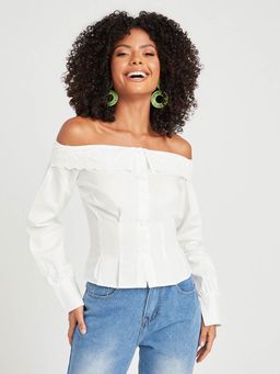 Styli - White Long Sleeves Off Shoulder Poplin Blouse